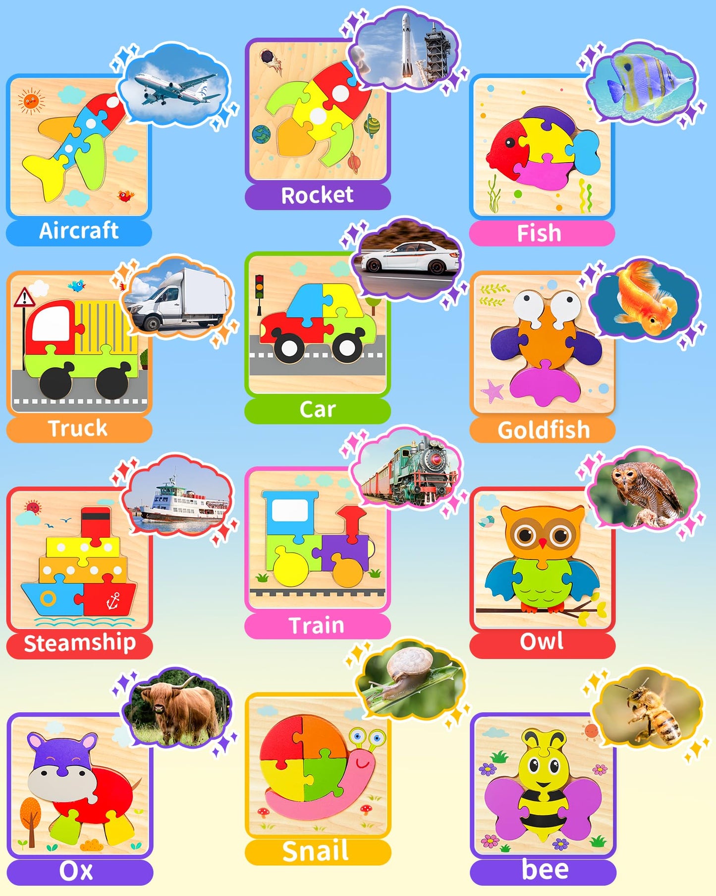 Wooden Puzzles Toddler Toys for Boys Girls, 12 Vehicle Shape Learning Educational Blocks Birthday Gifts Sensory Toy Montessori Toys