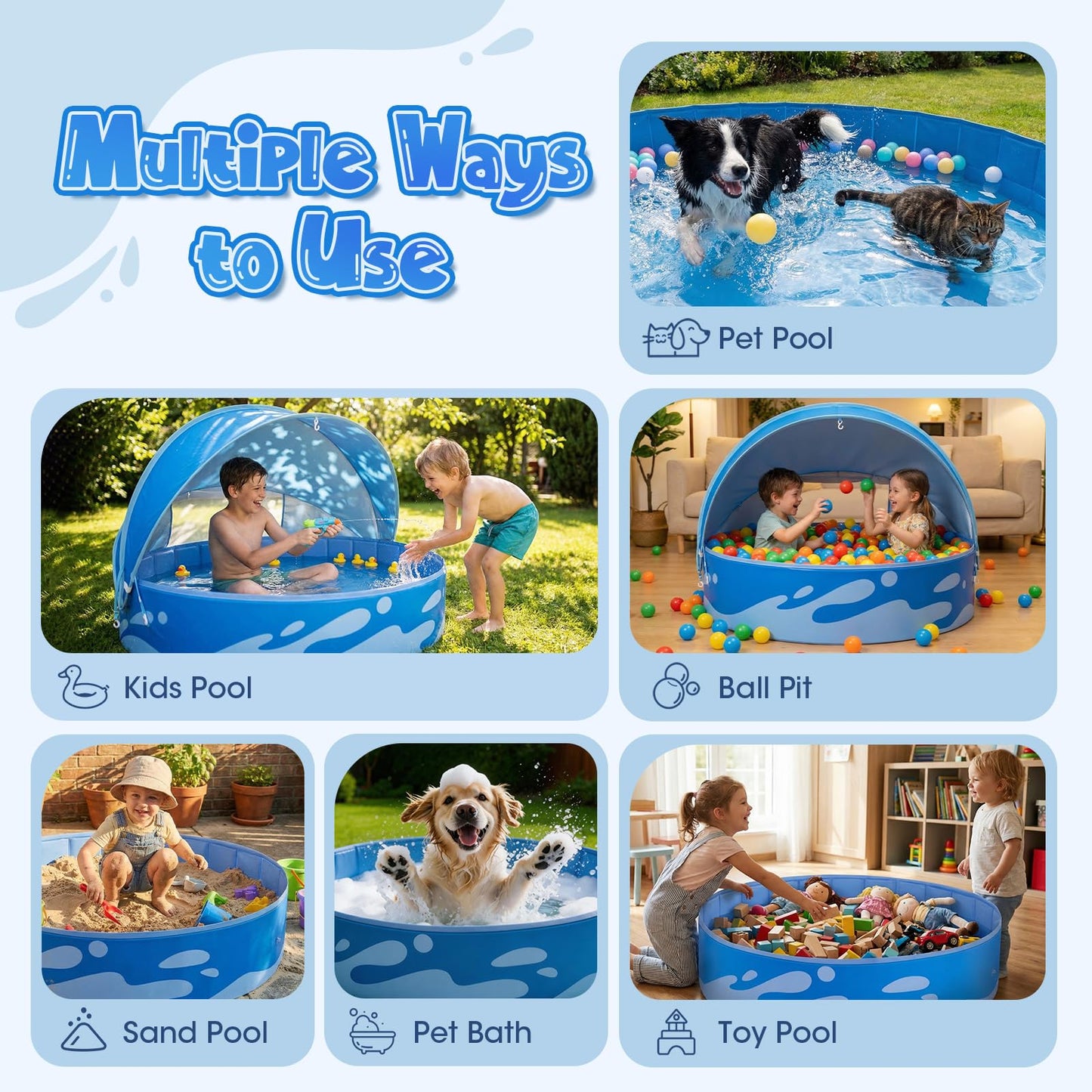 Peradix Paddling Pool for Kids and Dogs, 48" Portable Baby Pool with Canopy for Toddlers Summer, Foldable Kiddie Tent with Sun Shade Outside Water Toys for Backyard Beach, Easy Setup & Carrying Bag