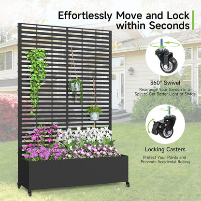 Metal Raised Garden Bed with Trellis and Wheels, 73" x 47" x 16" Planter Box with Trellis with Drainage Holes, Privacy Planters for Patio with Privacy Screen for Climbing Plants Flower Vegetables