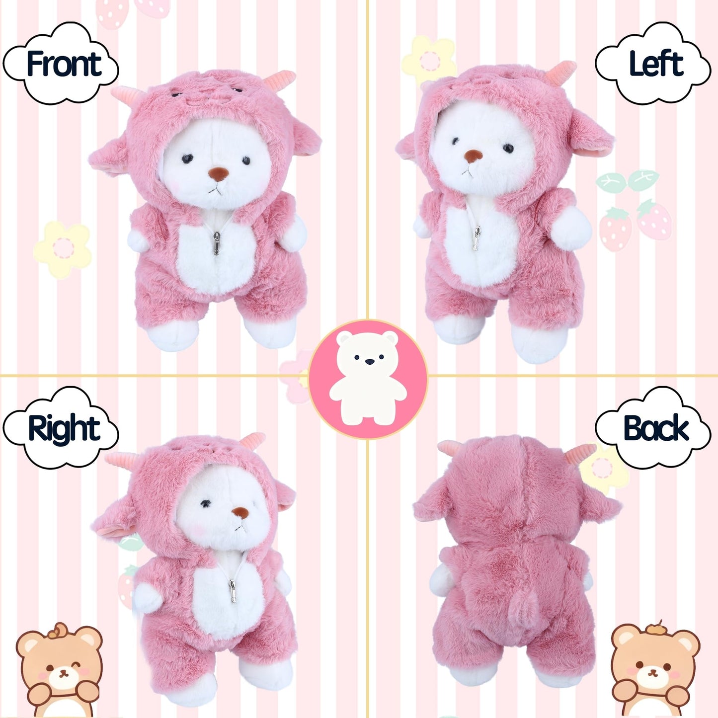 Teddy Bear Plush Figure Toys, Teddy Bears Stuffed Animals with Movable Legs Hoodie, 13'' Kawaii Emotional Support Plush Toys with Pink Lamb Clothes Soft Stuffed Bear Gift for Kids Toddlers Girls