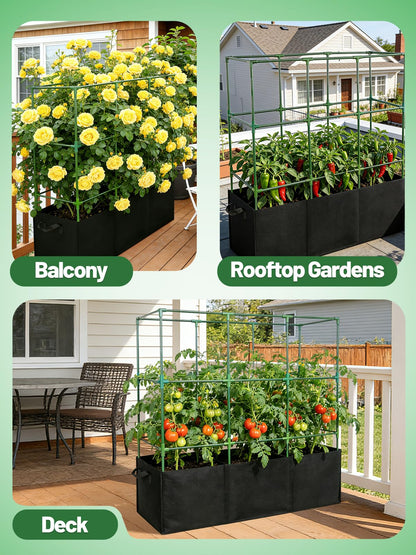 Tomato Cage with 3 Compartment 51 Gallon Grow Bag - 47" L × 15.7" W × 45" H Heavy Duty Square Tomato Planter Trellis, Easy to Assemble, for Garden Patio Balcony Climbing Vegetables Flowers Fruits