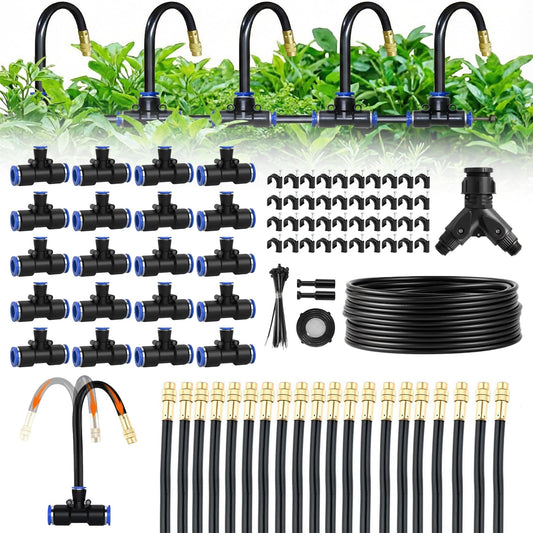 100ft 1/4-Inch Drip Irrigation Kit with 16 Adjustable Copper Nozzles, Automatic Atomizing Watering Sprinkler System for Garden, Raised Beds, Lawn, Greenhouse & Patio