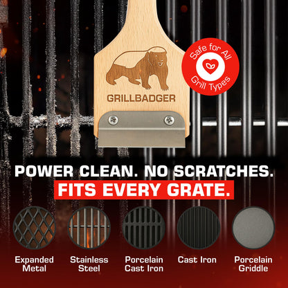 Grillbadger The Original Non Metal Grill Brush for Outdoor Grill | High Temp Heat Resistant BBQ Cleaning Brush | Long Lasting Wooden BBQ Cleaner with Scraper, Safe for Cast Iron Grates - Natural Wood