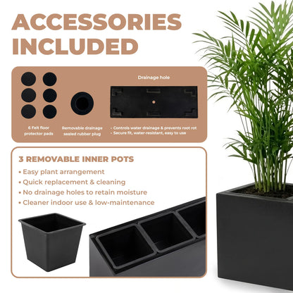 DEPLA LANE Trevano Fiberstone Rectangular Planter (26" L x 9.8" W x 15.7" H) Smooth Finish, Removable Inner Pots, Lightweight, Durable, UV Resistant, Minimalist Indoor Outdoor Plant Pot (M, Black)