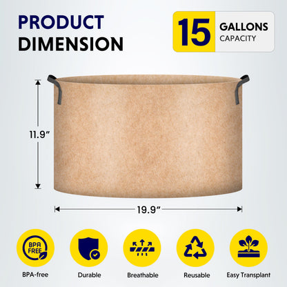 iPower 10-Pack 15 Gallon Aeration Grow Bags Thick Nonwoven Fabric Pots with Handles, for Fruits, Vegetables, and Flowers, Tan