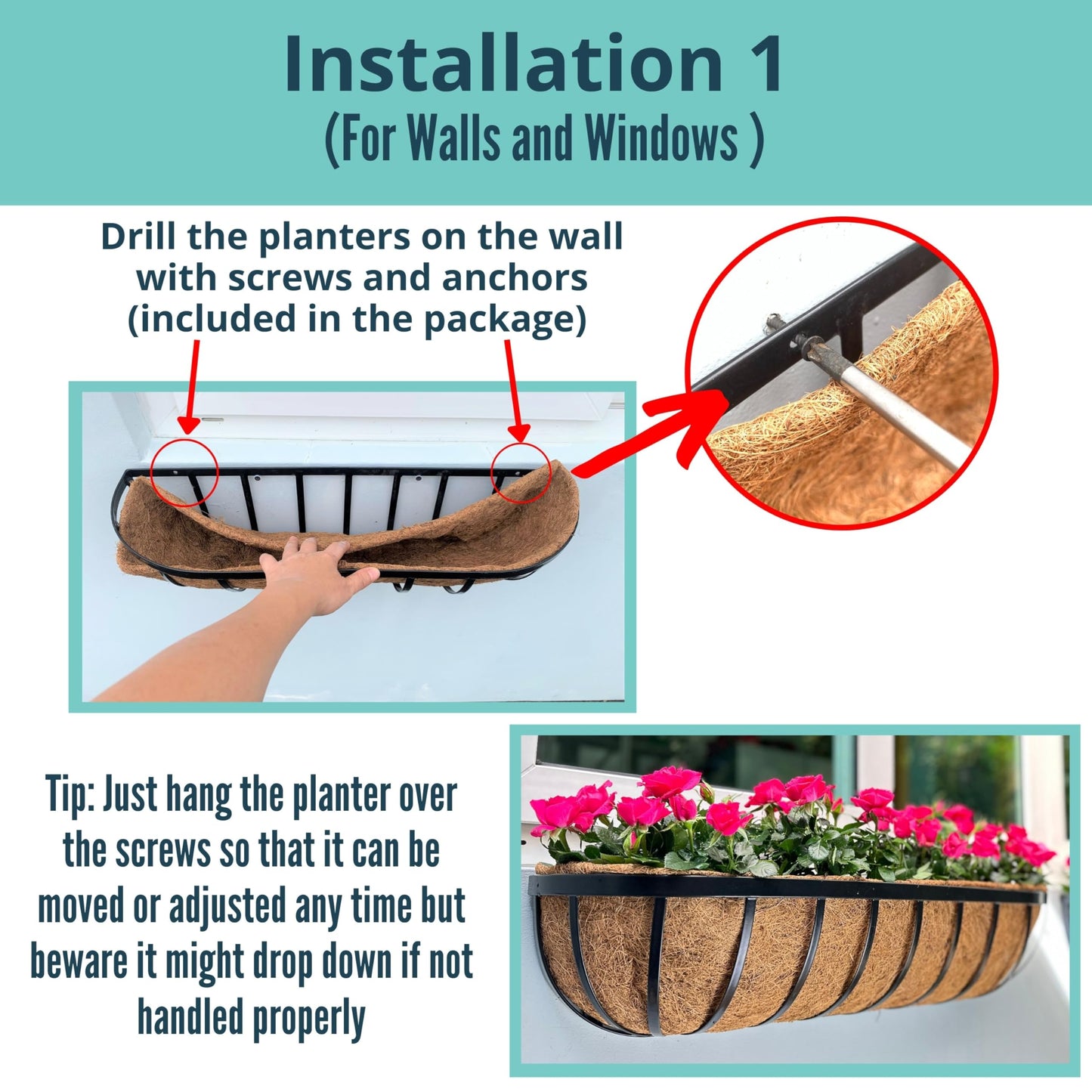 LaLaGreen Deck Railing Planter Box - 2 Pack, 36 Inch Large Wall Planters for Outdoor Plants, Window Flower Boxes Attach House with Coco Liners Metal Horse Troughs Fence Balcony Patio Porch Over Rail