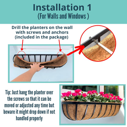 LaLaGreen Deck Railing Planter Box - 2 Pack, 36 Inch Large Wall Planters for Outdoor Plants, Window Flower Boxes Attach House with Coco Liners Metal Horse Troughs Fence Balcony Patio Porch Over Rail