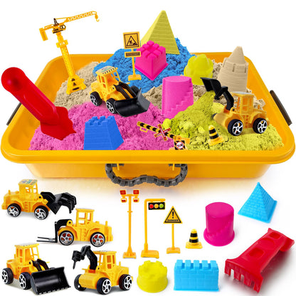ESSENSON Sensory Bin - Play Sand Kit with Construction Set Toy Truck and 4lbs Magical Sand, Pretend Play Beach Sensory Toy Sandbox, Kids Gifts for Girls and Boys
