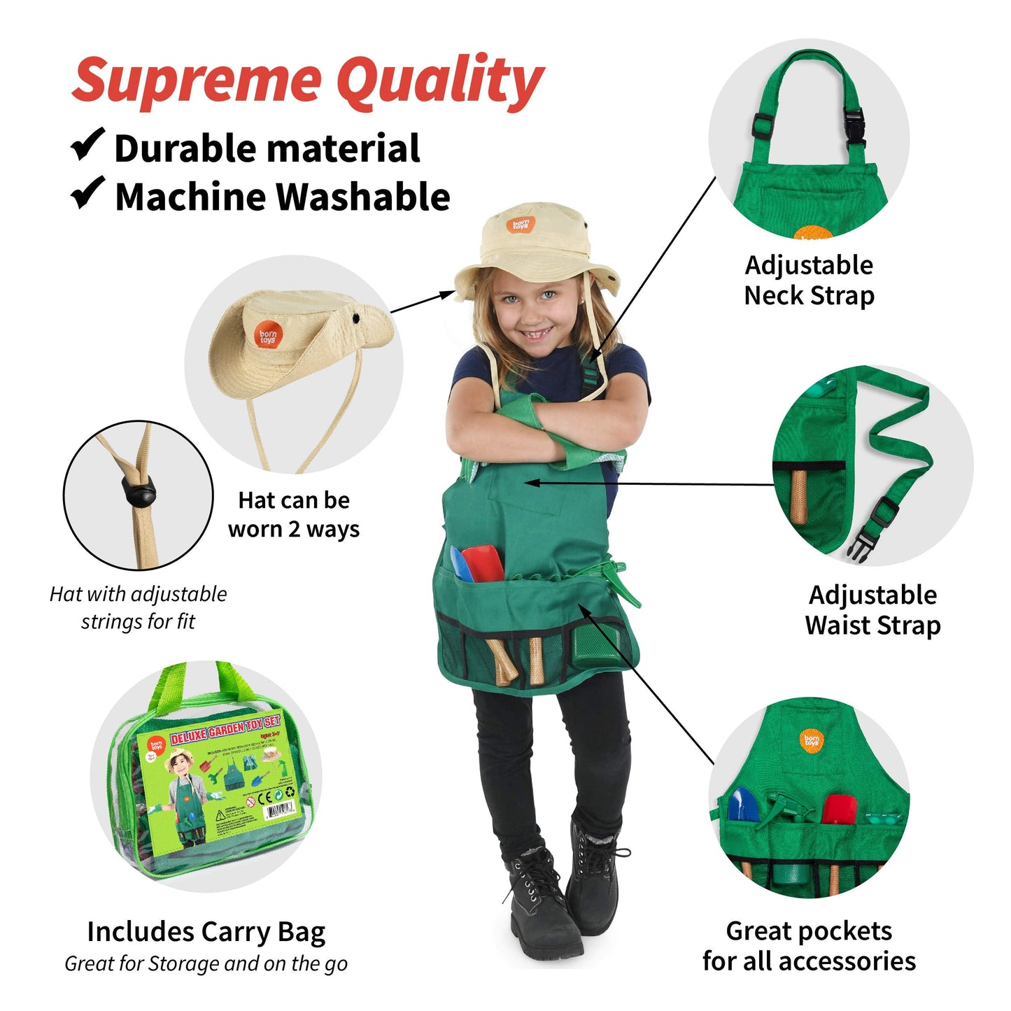 Born Toys Kids Garden Set for Boys & Girls Ages 3-7, Toddler Gardening Kit with Kids Gardening Tools - Gardening Apron, Gloves, Hat, Working Spray Bottle, Trowel Shovel & Rake, Outdoor Activity Toys