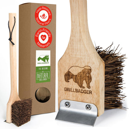 Grillbadger The Original Non Metal Grill Brush for Outdoor Grill | High Temp Heat Resistant BBQ Cleaning Brush | Long Lasting Wooden BBQ Cleaner with Scraper, Safe for Cast Iron Grates - Natural Wood