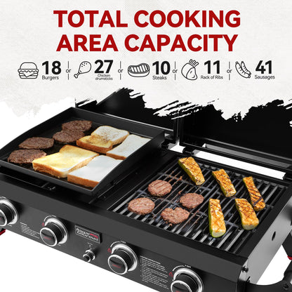 Royal Gourmet GD4002TP 4 Burner Propane Gas Grill and Griddle Combo with Hood, 2-in-1 Portable Grill Griddle Combo with 40,000 BTUs Output for Camping, Tailgating, Backyard, Black