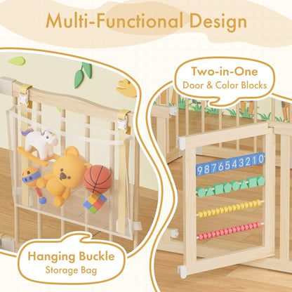Atoping Wooden Baby Playpen 50 × 50 Inches, Foldable Playpen Fence with Cute Digital Blocks & Storage Bag, Wooden Baby Gate, Multi-Shape Play Yard for Babies and Toddlers Indoor Outdoor
