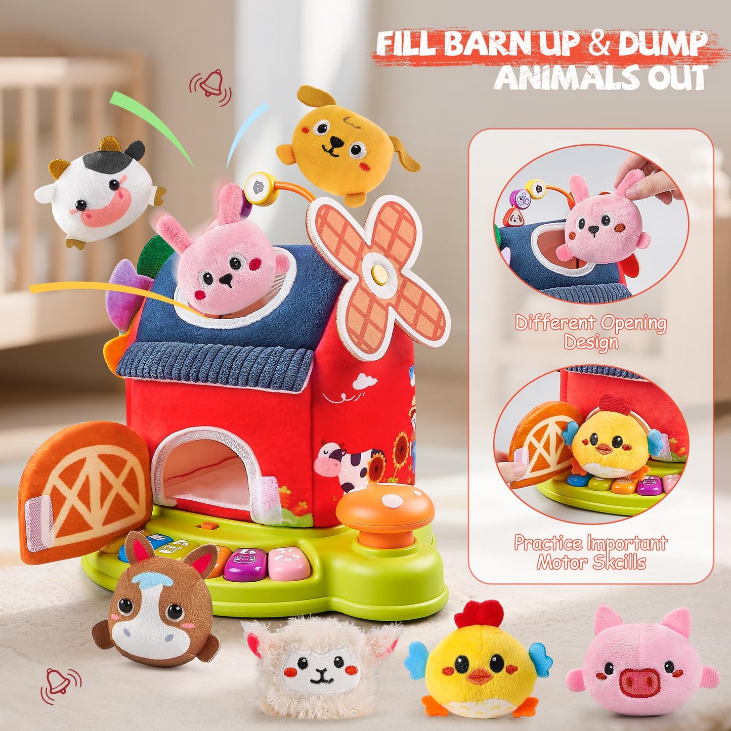 Vanvimen Musical Baby Toys 6-12 Months, Surprise Barn with 7 PCS Stuffed Farm Animals, 4 Mode Sound and LED Lights, Montessori Sensory Toys for 6 12 Months, Ideals 6 7 8 9 Month Old Baby Gifts Toy