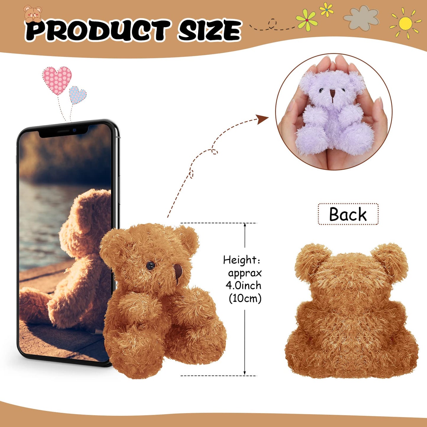 Sotiff 12 Pcs Mini Plush Bear Bulk 4 Inch Stuffed Bears Soft Tiny Animal Doll DIY Keychains Gifts for Volunteer Graduation Baby Shower Party Favors(Brown)