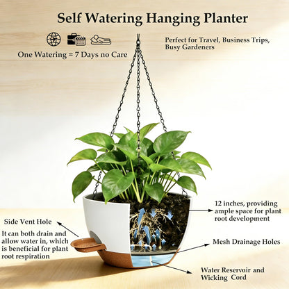 CNLBO 12 Inch Self Watering Hanging Planters 2 Pack, Indoor Outdoor Hanging Pots for Plants with Drainage Holes & Saucers, White Brown Plastic Hanging Baskets for Kitchen Balcony Garden
