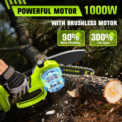 VOTLEMI Mini Chainsaw Cordless, 6 Inch Electric Chainsaw with 2000MAH Battery, 1000W Handheld Battery Powered Chain Saw with Auto Oiler, Gifts for Wood Cutting/Tree Trimming