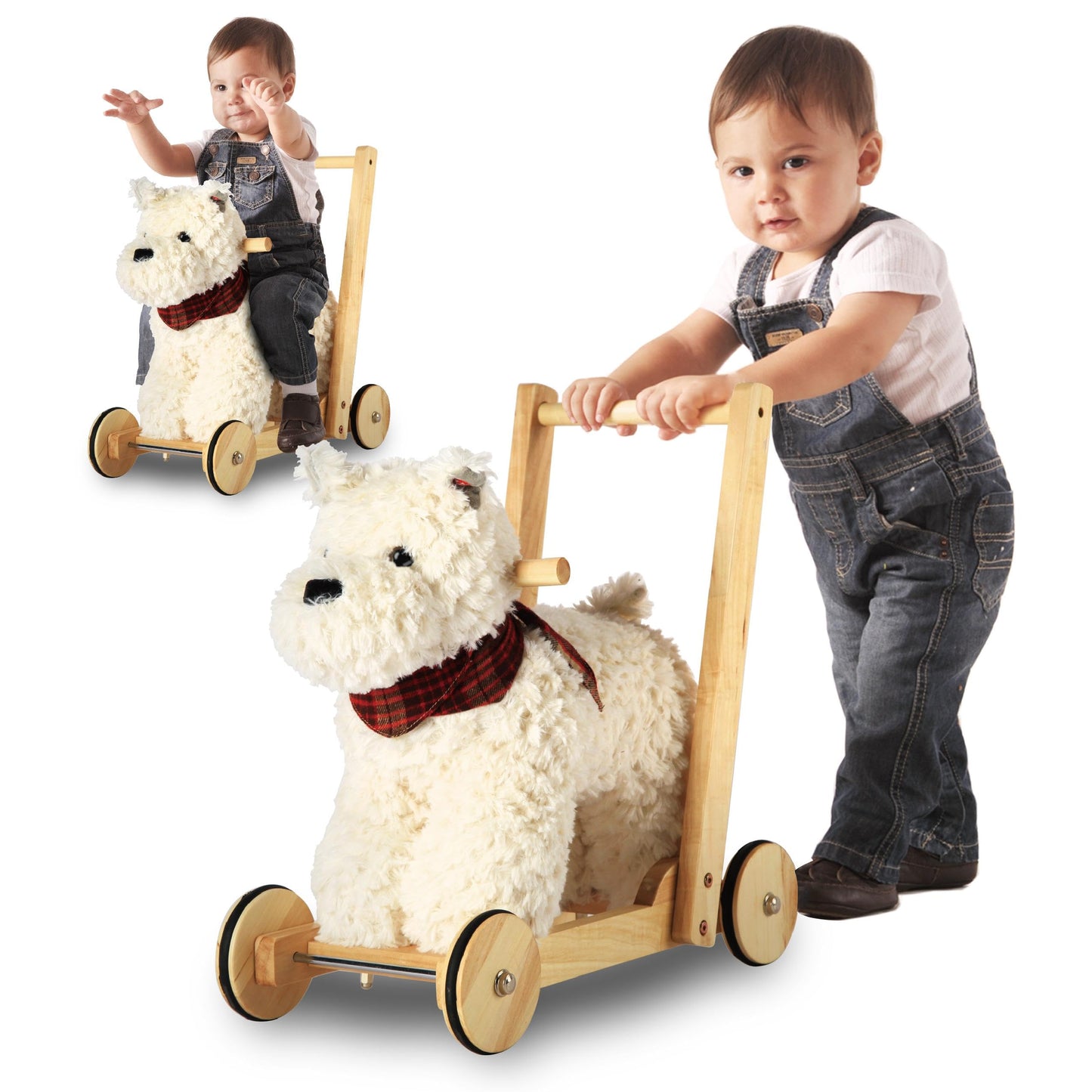 Rock My Baby Wooden Baby Walker, Baby Push Walker with Wheels for 12M+, Toddler Learning to Walk Toy with Sweet Music ＆ Animal Seat 2 in 1 Sit-to-Stand Walker Toy Gift for Boy Girl (Scottie Dog)
