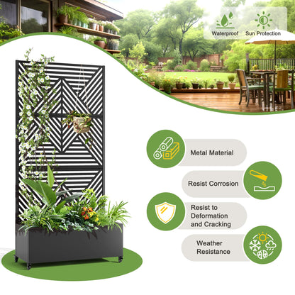 FENCY Metal Raised Garden Bed with Wheels and Trellis,73"x35"x16" Planter Box for Climbing Plants, Vegetables & Vines, Features Privacy Screen and Drainage Holes (Black-Modern)
