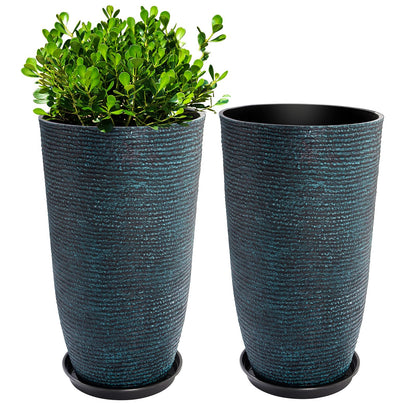 QCQHDU Set of 2 Large Tall Blue Planters with Saucer - 9 Gallon 12" Diameter x 21" H Faux Stone Round Pots for Indoor Plants, Outdoor Patio & Porch Decor, Heavy Duty Weatherproof Plant Containers