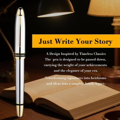 BEILUNER 315 Luxury Rollerball Pen, Stunning Silver Chrome with 24K Gold Finish, Luxury Grade Craftsmanship, Best Pen Gift Set for Men and Women, Graduation, Executive, Office, Fancy, Nice Pens