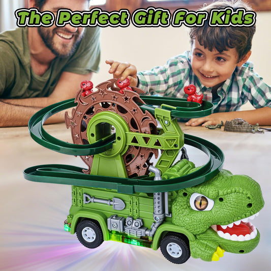Tyyseis Dinosaur Toys for Kids,2 in 1 Dinosaur Truck Set wiht Nonstop Sliding Baby Dinos On Tracks,Auto Avoids Obstacles Toddlers Crawling Toys,Birthday Gifts with Music Lights for 3 4 5 Year Old Boys