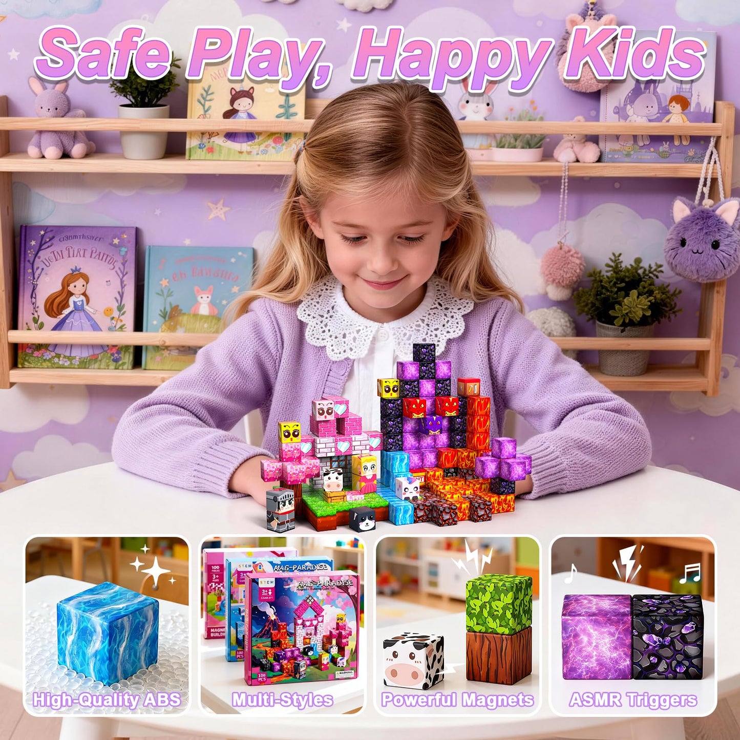 Magnetic Blocks for Kids, 100PCS 0.8inch Magnetic Building Blocks, Magnetic Cubes for STEM Constructions Magnetic Blocks for Boys Girls Age 3 4 5 6 7 8-12, Ideal Holiday Birthday Gifts(Sakura Lava)