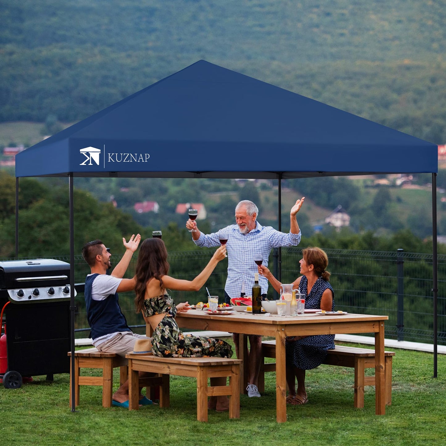 KUZNAP 12’x12’ Pop up Canopy Tent Patented EZ Set up Instant Outdoor Canopy with Wheeled Carry Bag Bonus 4 Weight Sandbags, 8 Stakes and 4 Ropes， Blue