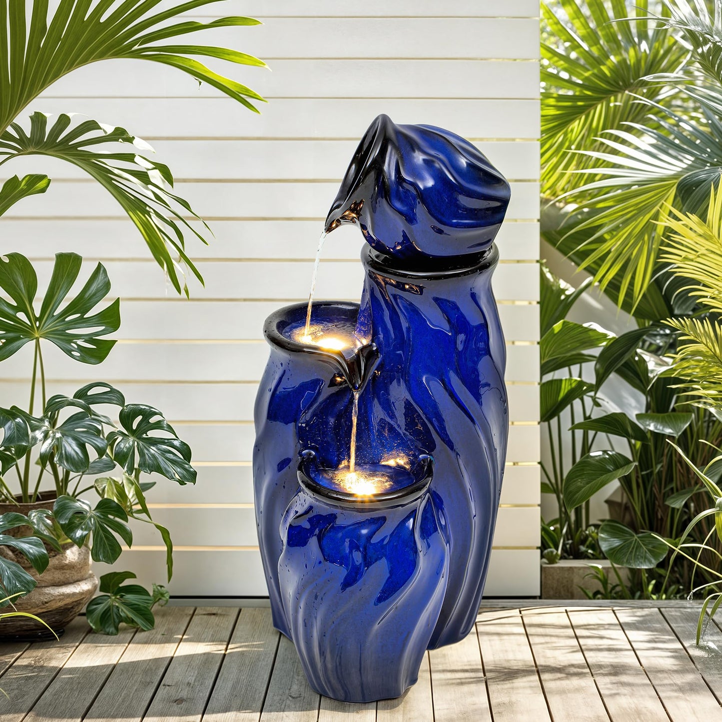 Ultym 29" Tall Ceramic Water Fountain Outdoor with LED Lights, 4-Tier Cascading Waterfall Garden Fountain, Ideal for Serene Relaxing Patio, Yard or Porch, Cobalt Blue Glaze, Dynamic Wave-Texture
