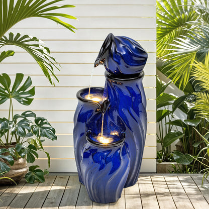 Ultym 29" Tall Ceramic Water Fountain Outdoor with LED Lights, 4-Tier Cascading Waterfall Garden Fountain, Ideal for Serene Relaxing Patio, Yard or Porch, Cobalt Blue Glaze, Dynamic Wave-Texture