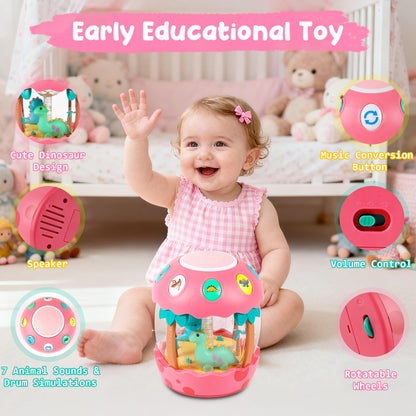M SANMERSEN Baby Girl Toys 6-12 Months, Dinosaur Rotating Light Up Musical Baby Toys for 0-6 12-18 Months Newborn Infant Crawling Tummy Time Toys, Birthday Easter Gifts for Baby Girls- Pink