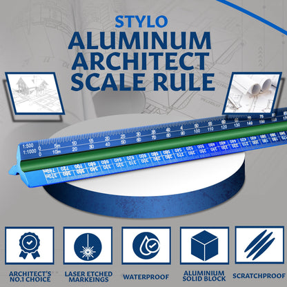 Stylo 12" Aluminum Architect Scale Ruler Laser Etched Triangle Drafting Ruler, Color Coded Grooves for Blueprint, Drafting and Drawing, Architectural Scale Ruler for Blueprints (Blue, Metric Units)