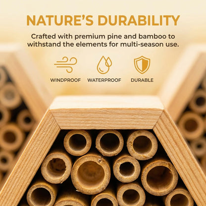 Mason Bee House - Handcrafted Natural Wooden Bee Hotel with Waterproof Wax Coating - Attracts Peaceful Pollinators, Enhances Garden Productivity