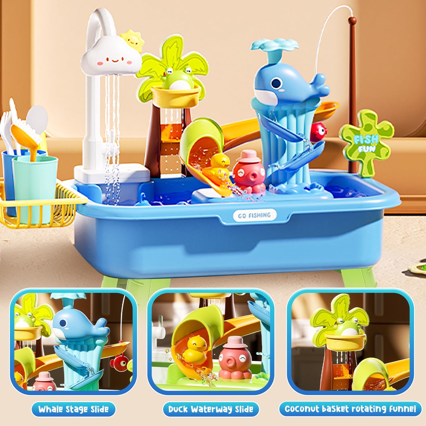 Dtadvlo Upgraded Toddler Sand Water Table Toy with Electric Water Pump, Kids Sand Water with Faucet/Play Food Accessories/Fishing Toy, Kitchen Play Sink Toys for Girl Boy Age 3+