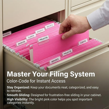 VZCPYTPM Pink Hanging File Folders Letter Size,25 Pack Reliable Hanging Folders for Filing Cabinet,Reinforced Rods for Smooth Gliding,Includes 1/5 Adjustable Tabs & Inserts,Ideal for Home & Office
