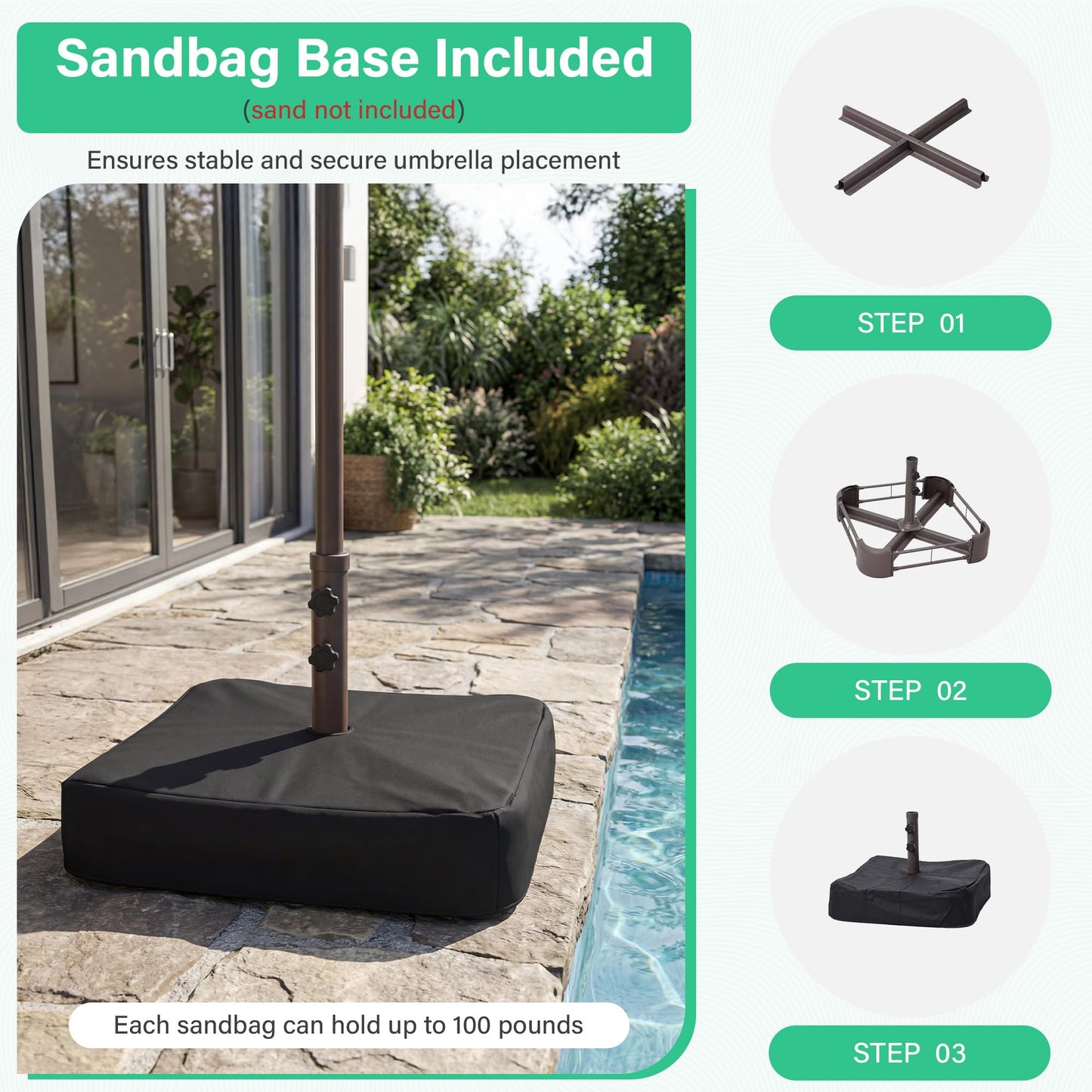 JEAREY 15ft Large Patio Umbrella with Base, Outdoor Rectangle Umbrella Double-Sided Market Umbrella with Stand for Pool, Deck, Backyard and Garden, Gray