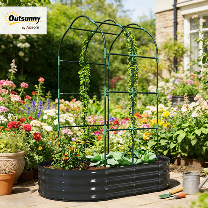 Outsunny Galvanised Raised Garden Bed with Arched Trellis, 5 x 3 x 6ft Metal Outdoor Planter Box with Open Bottom Design, Modular Raised Bed with Gloves for Vegetable Flower, Easy Assembly, Dark Gray