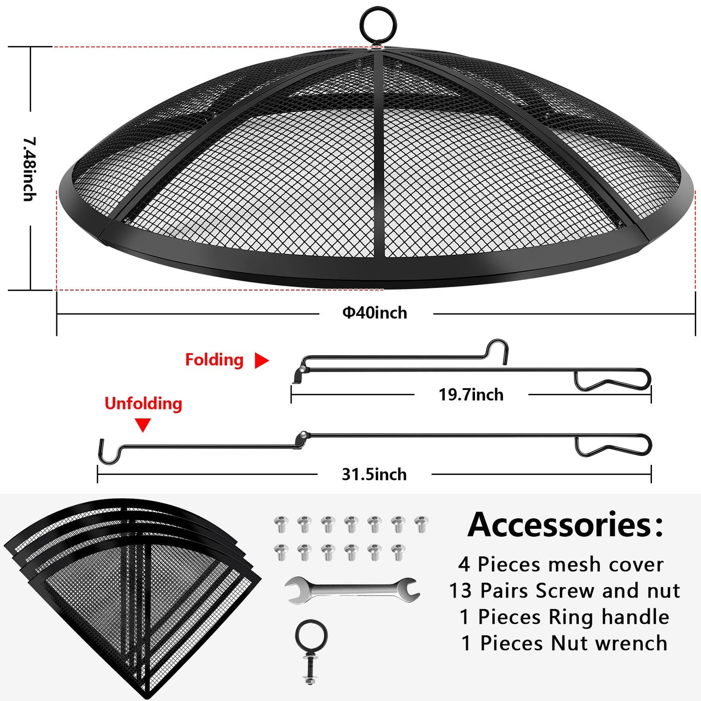 Fire Pit Spark Screen, Fire Pit Screen 40 Inch Round with Handle & Poker, Collapsible Heavy Duty Mesh Fire Pit Cover Fire Pit Lid for Outdoor/Patio/Backyard/RV Camping/Beach