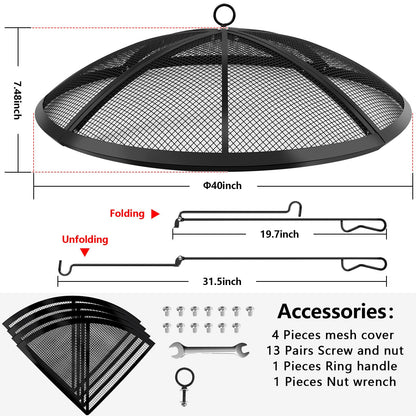 Fire Pit Spark Screen, Fire Pit Screen 40 Inch Round with Handle & Poker, Collapsible Heavy Duty Mesh Fire Pit Cover Fire Pit Lid for Outdoor/Patio/Backyard/RV Camping/Beach