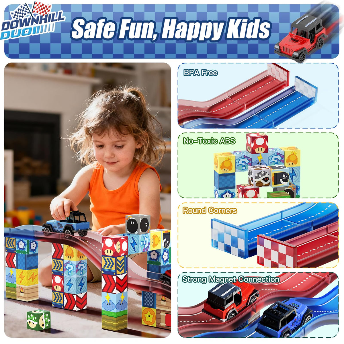tinytrek Magnetic Tiles Race Track Set, 52PCS STEM Educational Magnetic Building Blocks with 2 Race Cars, Montessori Sensory Travel Toys for Kids 3 4 5 6 7 8, Birthday for Boys & Girls