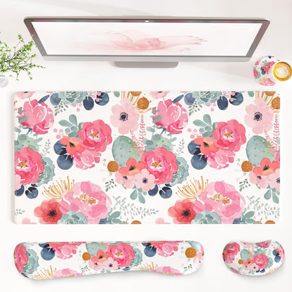 QiyI Leather Desk Mat Set, 4-in-1 Large Mouse Pad with Wrist Rest, Non-Slip Desk Pad + Keyboard Wrist Rest + Mouse Wrist Support + Coaster, Office Desk Accessories Home Decor Supplies, Pink Flowers