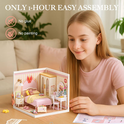ROBOTIME Super Creator Kits, DIY Miniature House Kit with LED, Plastic Mini House, Toy Building Set, Mini Figures Construction for Teens &Adults, Craft for Home Decor Unique Gift (Lovely Pink Bedroom)