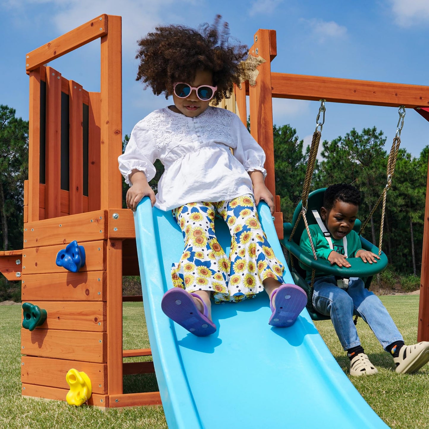 Dolphin Playground 5-in-1 Toddler Swing Sets with Slide for Backyard, Toddler Outdoor Playset with Baby Swing, Table, Blackboard, Kid Slide, Rock Climbing Wall, Ages 18 mo to 4 yrs
