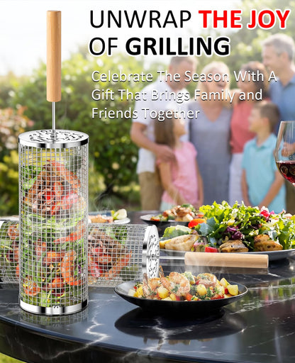 Rolling Grill Basket, Removable Wooden Handle, 304 Stainless Steel, Nesting BBQ Tools for Vegetable, Outdoor Smoker Camping Accessories, Father's Day Gifts Birthday Gift for Men Dad Husband
