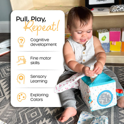 Quiggly Soft Fabric Tissue Box Toy for Babies- Montessori Sensory Development Toy for 6-12 Month Olds - 100% Cotton, Crinkle Tissues, Ribbon Details, Safety Mirror- Ideal for Infant Gross Motor Skills