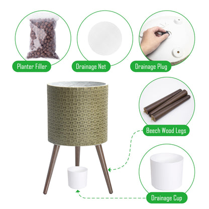 D'vine Dev 14 Inch Modern Geometric Tile Patterned Sleek Planter Pot with Stand, Indoor Outdoor Decorative Plant Holder, Distressed Olive, 88-Z-D-4