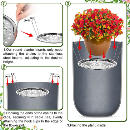 ElaraBerry 4 Set 11'' Adjustable Height Plant Inserts with Chain for Inside Pots Stainless Steel Plant Pot Insert Round Planter Filler Elevate Plants to Reduce Soil Usage for Large Tall Flower Pots