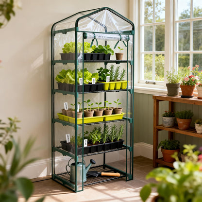 Worth Garden 5 Tier Mini Greenhouse - 75'' H x 27'' L x 19'' W - Sturdy Portable Gardening Shelves with PVC Cover - Small Porch Green House for Growing Plants Flowers Indoor & Outdoor