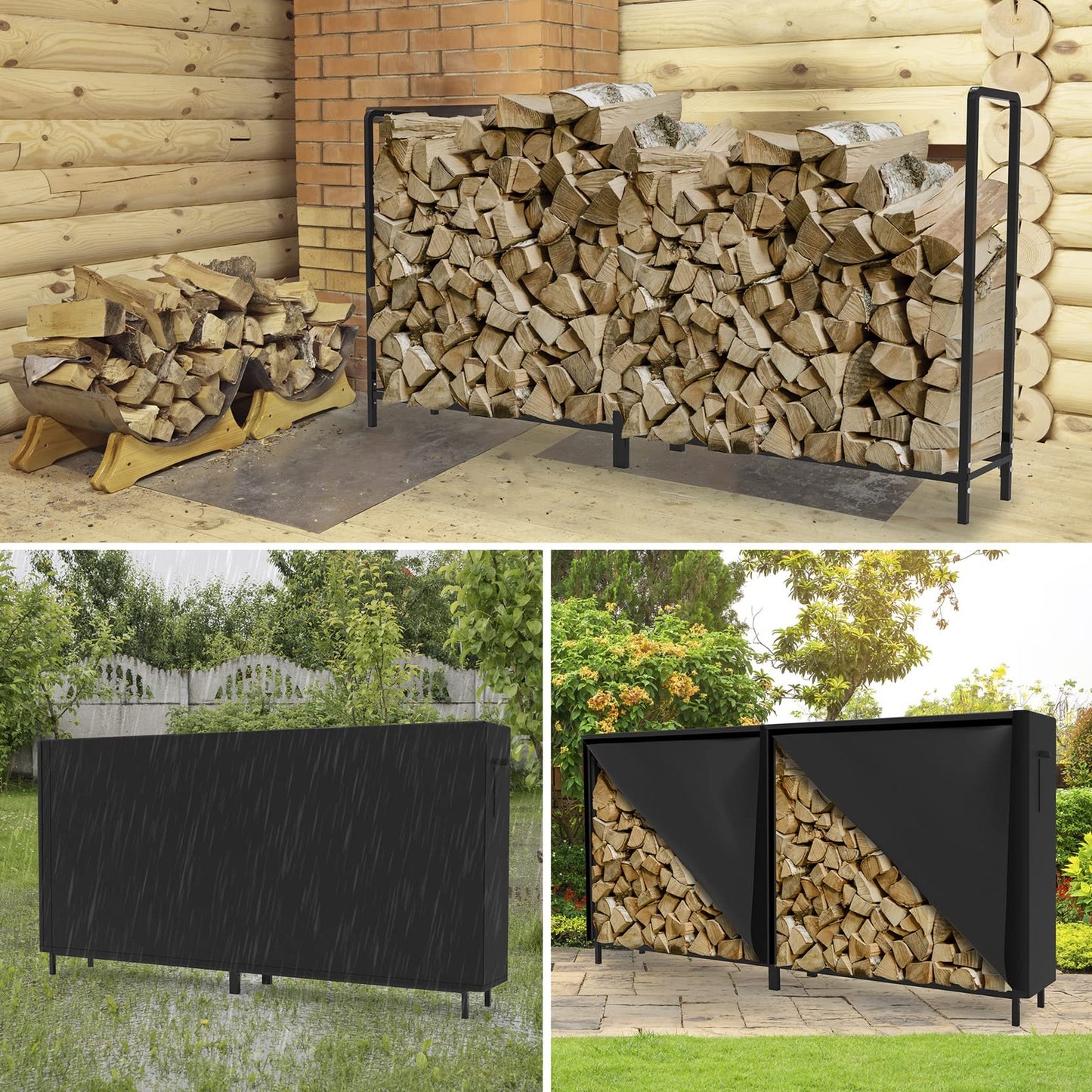 WALMANN 8ft Firewood Rack with Cover, Heavy Duty Firewood Rack With Weather Resistant 600D Oxford Fabric Cover, Indoor/Outdoor Wood Rack for Firewood