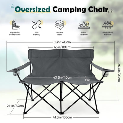 HaSteeL Foldable Camping Chair, Double Seat Folding Camp Chair for 2 Persons, Portable & Large for Outdoor Fishing, Hiking, Travel, Picnic, Beach, Lawn, Patio, Include Storage Bag (Grey)