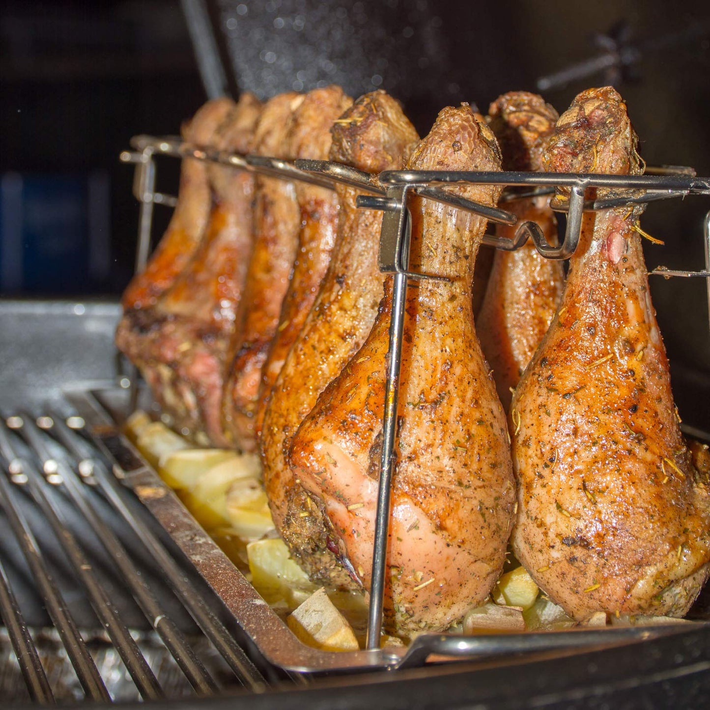 RTT Chicken Leg Rack for Grill with Drip Tray - Easy to Use 12 Slots Chicken Wing Rack - Premium Stainless Steel Chicken Drumstick Rack for Smoker - Chicken Drumstick Holder for Grill Accessories